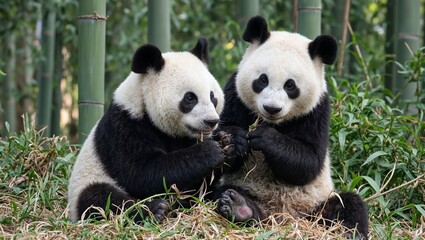 Fototapeta premium Giant pandas eating bamboo in serene forest setting
