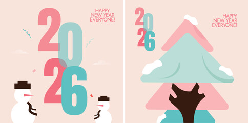 Happy New Year 2026. New Year template in wintery concept shows a snowman and a Christmas tree with triangular tops on a light beige background. Vector illustration.