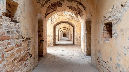 Obraz premium Empty hallway on death row. Abandoned hallway with arched ceilings and weathered walls in an old building.