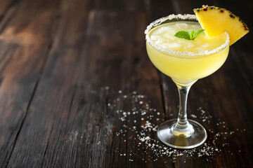 A refreshing pineapple margarita cocktail garnished with a pineapple wedge and a sprig of mint.