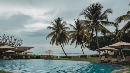 Fototapeta premium Luxurious Tropical Resort Pool at Sunset - Perfect Adobe Stock Image