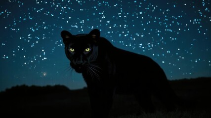 Black panther with glowing eyes standing under starry night sky, majestic, danger, nature