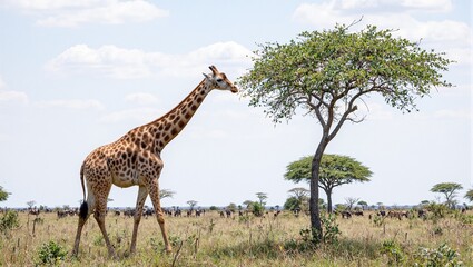 Obraz premium Majestic giraffe among trees wildebeest in savannah