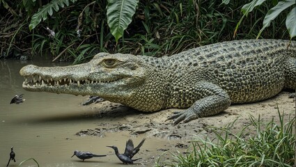 Giant crocodile lounging by Amazon river with birds and insects fluttering