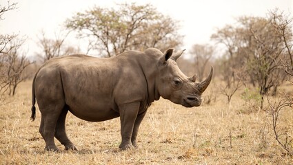 Obraz premium Majestic rhinoceros in African savannah under the blazing sun
