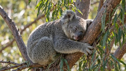 Obraz premium Tranquil koala napping in eucalyptus tree blending with leaves in Australian outback