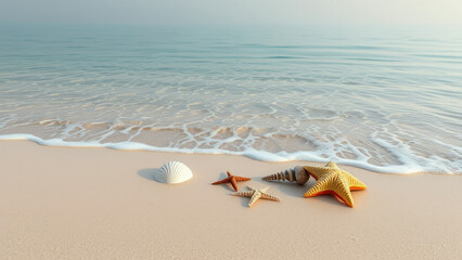Obraz premium Beach Scene with Seashells and Starfish Washing Up on the Shore , unique formations, natural history, ocean treasures, starfish