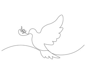 Continuous one line drawing of pigeon. Bird symbol of peace and freedom. Single line drawing illustration of flying dove. style Concept vector art. Doodle line illustration.