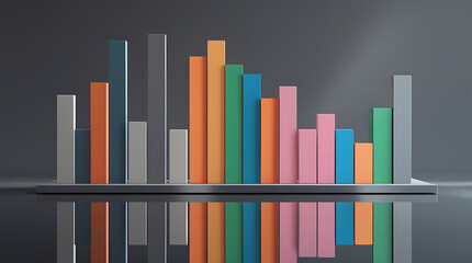 Obraz premium Vivid 3D Bar Chart with Gradient Colors on Reflective Surface, Modern Data Visualization Concept