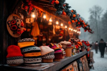 Obraz premium A vibrant Zakopane market stall selling colorful woolen clothes and handmade wooden crafts