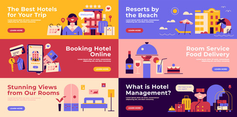 Room service. Beach vacations. Restaurants and food delivery. Friendly staff. Online Hotel Booking. Booking rooms. Travel Planning. Online registration. Tips for traveling. Set of vector web banners.