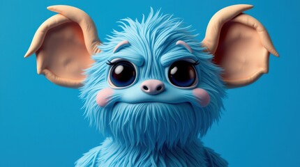 Fototapeta premium Adorable blue fluffy creature with big eyes and large ears. Perfect for children's books, animation, or playful designs.