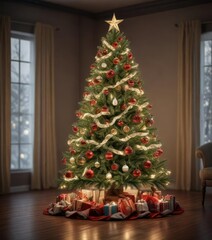 Christmas tree decorated with ornaments and lights, christmas trees, tree decorations, festive lights