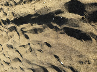 Detailed sand texture with shadows highlighting patterns on a beach shore during daytime