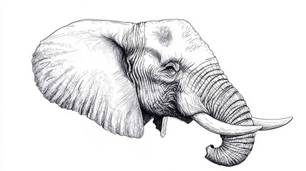 Detailed Black and White Sketch of an African Elephant Head