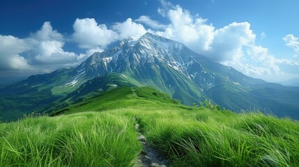 A breathtaking mountain landscape with lush green grass and a majestic peak under a blue sky.