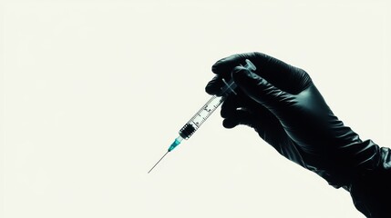 A gloved hand holds a medical syringe on a white background