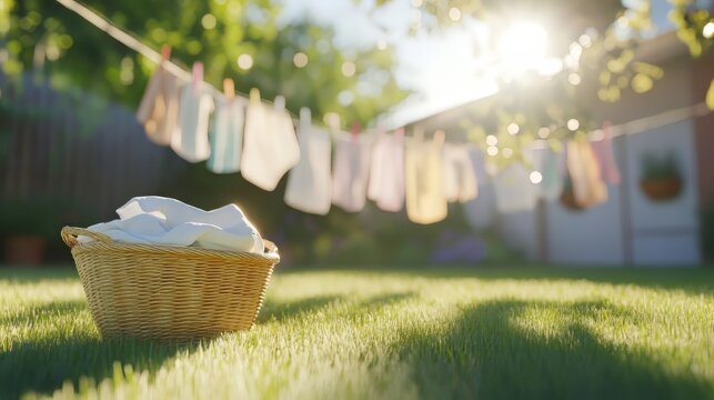 Laundry drying on clothesline in backyard during sunny day with wicker basket on grass