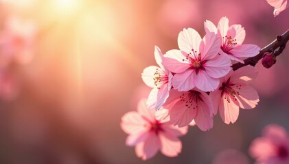 Fototapeta premium Pink cherry blossoms sway gently in the warm sunlight, pink petals, gentle breeze, golden sunlight