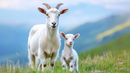 Fototapeta premium Goat and Kid in Lush Green Landscape Under Bright Blue Sky