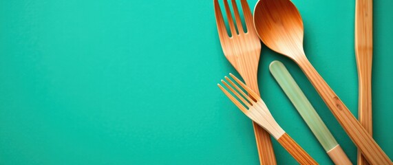 Wooden cutlery set on teal background. Eco-friendly kitchen utensils. Sustainable lifestyle.