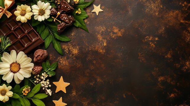 Delicious chocolate bar, flowers, and golden stars creating a festive border on dark background