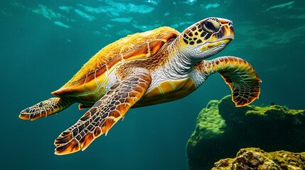 Obraz premium Majestic Sea Turtle Swimming Gracefully Underwater in Ocean Depths