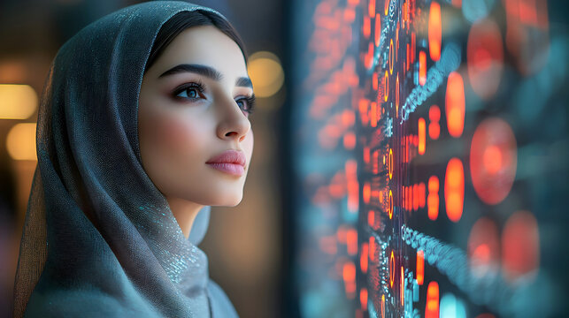 Young Arab middle eastern woman in blue hijab, gazing thoughtfully at illuminated digital data on futuristic screen, blending tradition with modern technology in vibrant setting