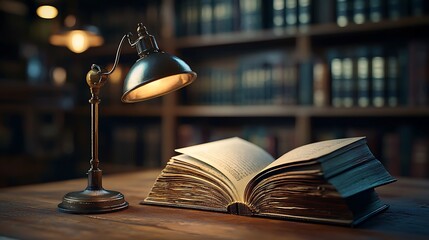 Antique Lamp Illuminates Open Book Near Bookshelves