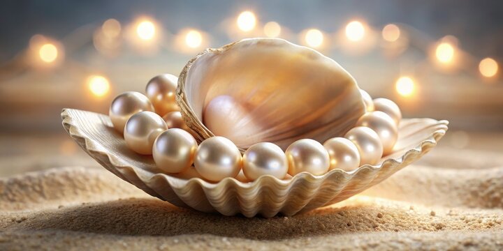 Natural sea pearls gleam within an elegant beige shell, a perfect jewelry presentation.