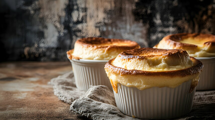 A baked cheese souffl?(C) with a golden crust, served in individual ramekins placed on a textured...