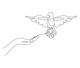 Fototapeta premium Continuous one line drawing of hand with bird. Bird symbol of peace and freedom. Single line drawing illustration of hand with flying dove. style Concept vector art. Doodle line illustration.