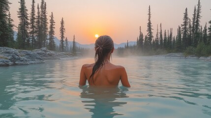 Fototapeta premium Sunrise Serenity: A Woman Bathes in a Mountain River