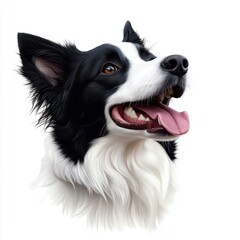 A black and white dog with a pink tongue is smiling