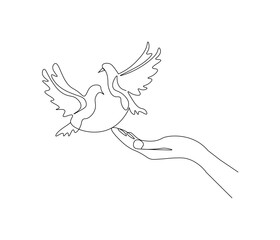 Naklejka premium Continuous one line drawing of hand with bird. Bird symbol of peace and freedom. Single line drawing illustration of hand with flying dove. style Concept vector art. Doodle line illustration.