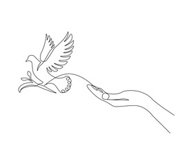 Continuous one line drawing of hand with bird. Bird symbol of peace and freedom. Single line drawing illustration of hand with flying dove. style Concept vector art. Doodle line illustration.
