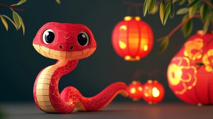 Fototapeta premium Charming Red Snake Surrounded by Festive Lanterns and Joy