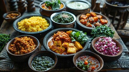 A large wooden plate having six bowls full of curry pickle  boiled rice and vegetables served with fresh salad showcasing a perfect buffet
