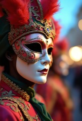 Fototapeta premium Colourful masquerade mask in bright colours on the blurred festive background with bokeh , party, Rio, Venice and Tenerife carnival cocnept