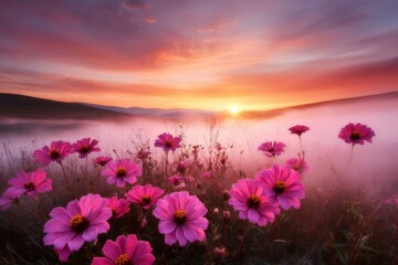 Fototapeta premium A zinnia flower field captured at sunrise, with morning mist rolling across the landscape