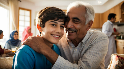 Grandfather and Grandson Embrace in a Happy Family Gathering