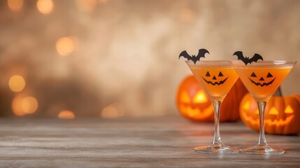 Halloween Jack-o'-Lantern Cocktails Two Martini Glasses, Bokeh Background, Festive Drinks Halloween, Cocktails