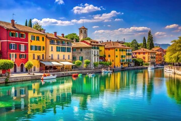 Fototapeta premium Northern Italy's Peschiera: Colorful houses line Lake Garda's shores, a picturesque Verona province village.