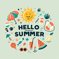 Hello summer greeting, invitation, and poster concept design