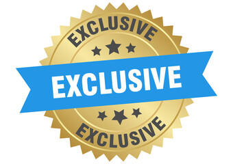 exclusive. exclusive round blue and gold label isolated on transparent background