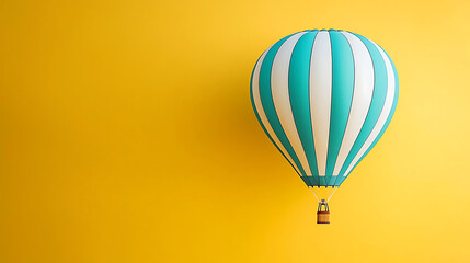 Fototapeta premium Turquoise and white hot air balloon on yellow backdrop