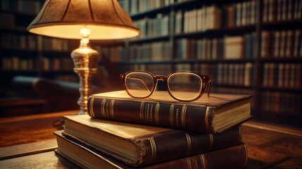 Glasses are lying on old books, against the background of the library, there is a lamp nearby