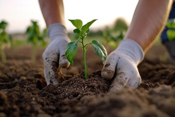 Hands delicately planting a vibrant green seedling into freshly turned soil, highlighting the dedication and passion involved in sustainable gardening practices and growth.