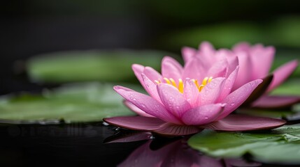 Obraz premium Pink Water Lilies Close-up Macro Photography, Two Blooms, Serene Pond, Floral Beauty, Nature, Water Lily, Lotus Water Lily