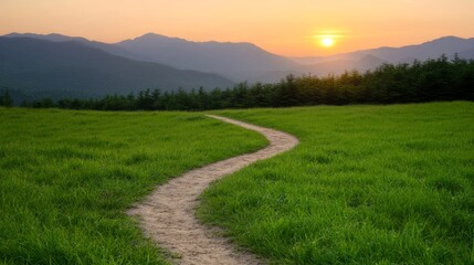Sunset Path Through Green Meadow and Mountains, Landscape Photography, Nature, Path Nature Photography, Scenery